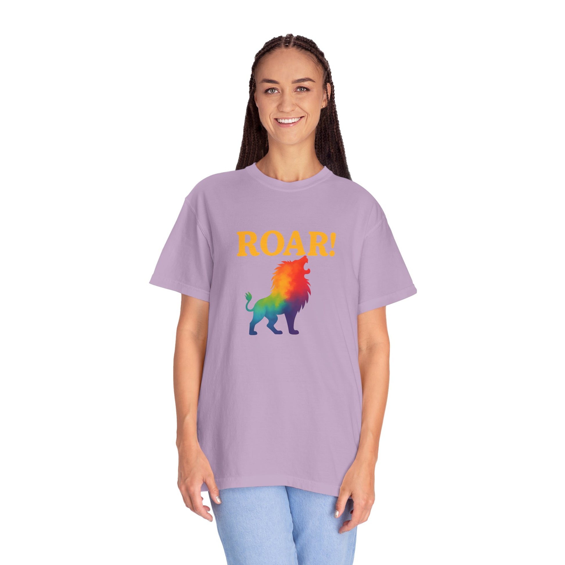 ROAR! – Retro Rainbow Lion Tee for Cosmic Confidence