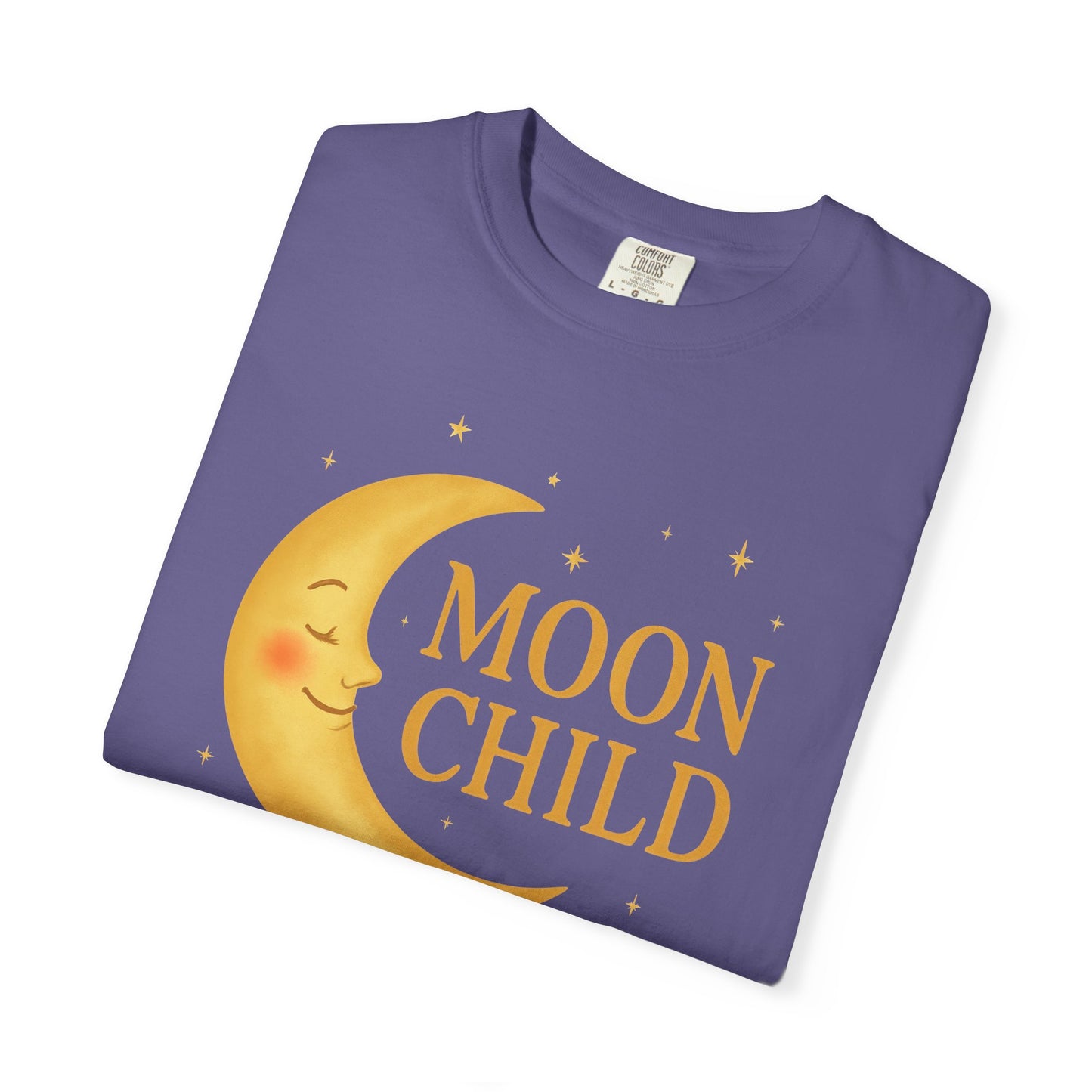 Moon Child Crescent Tee – Vibrant Golden Celestial Comfort Colors 1717 Shirt