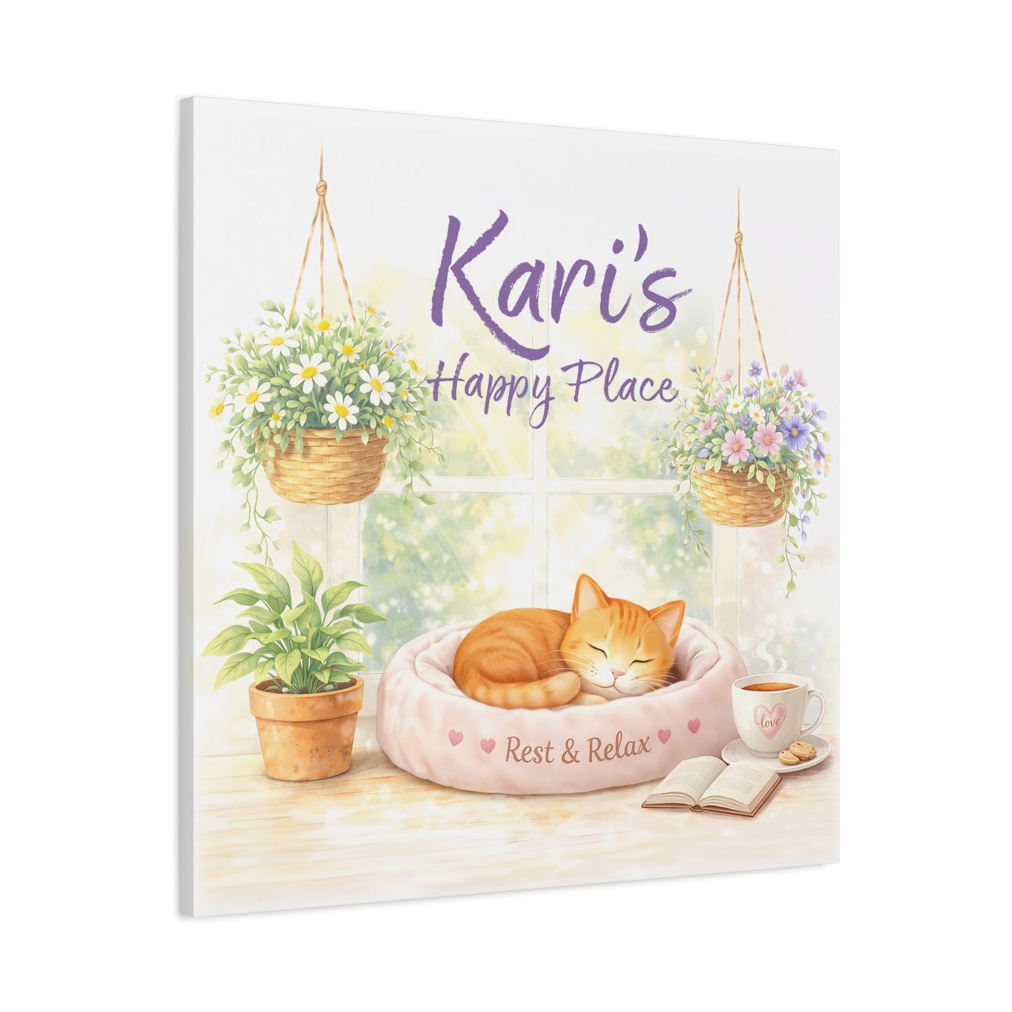 Personalized Cat Canvas Print - "Kari's Happy Place" Cozy Pet Wall Art