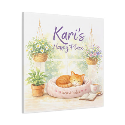 Personalized Cat Canvas Print - "Kari's Happy Place" Cozy Pet Wall Art