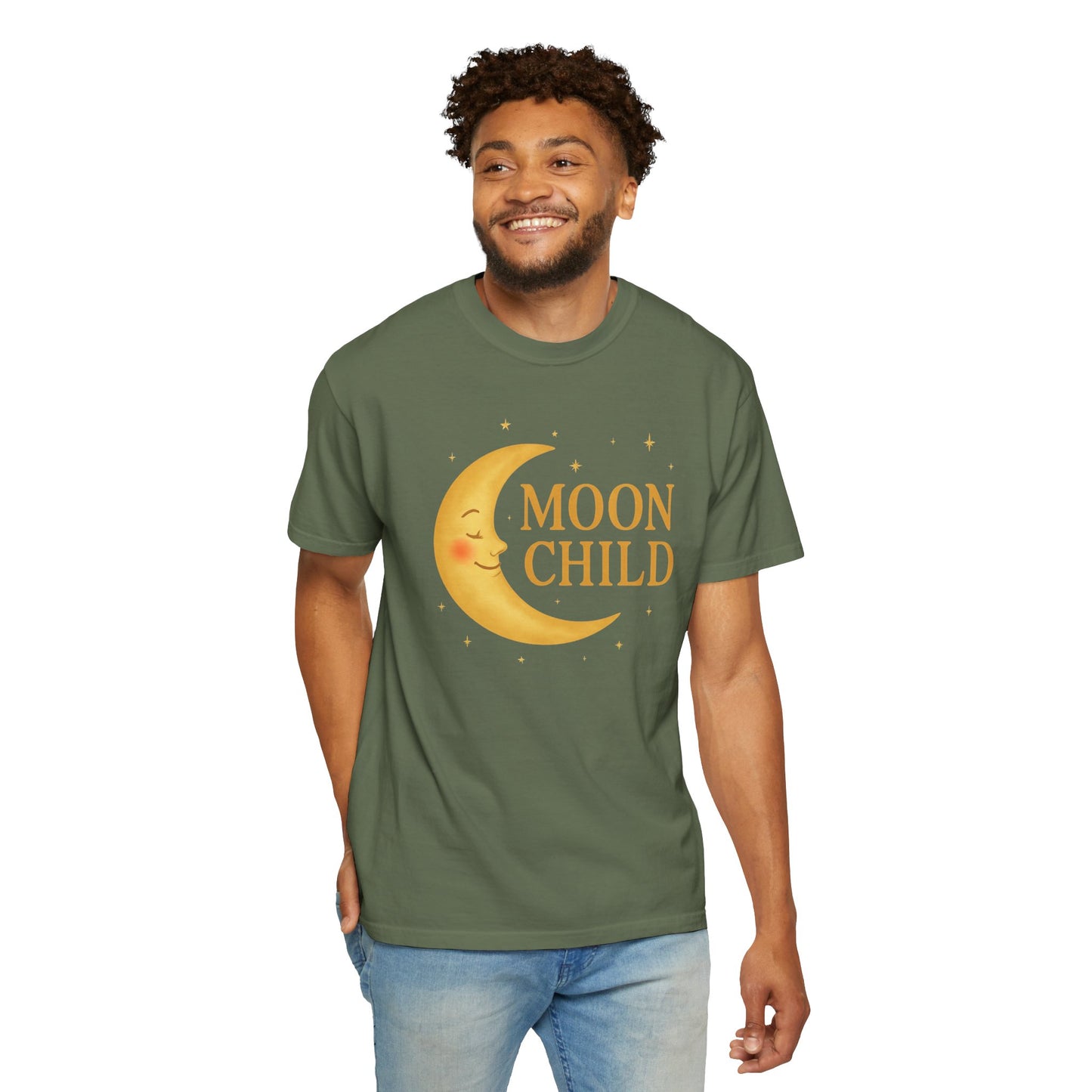 Moon Child Crescent Tee – Vibrant Golden Celestial Comfort Colors 1717 Shirt