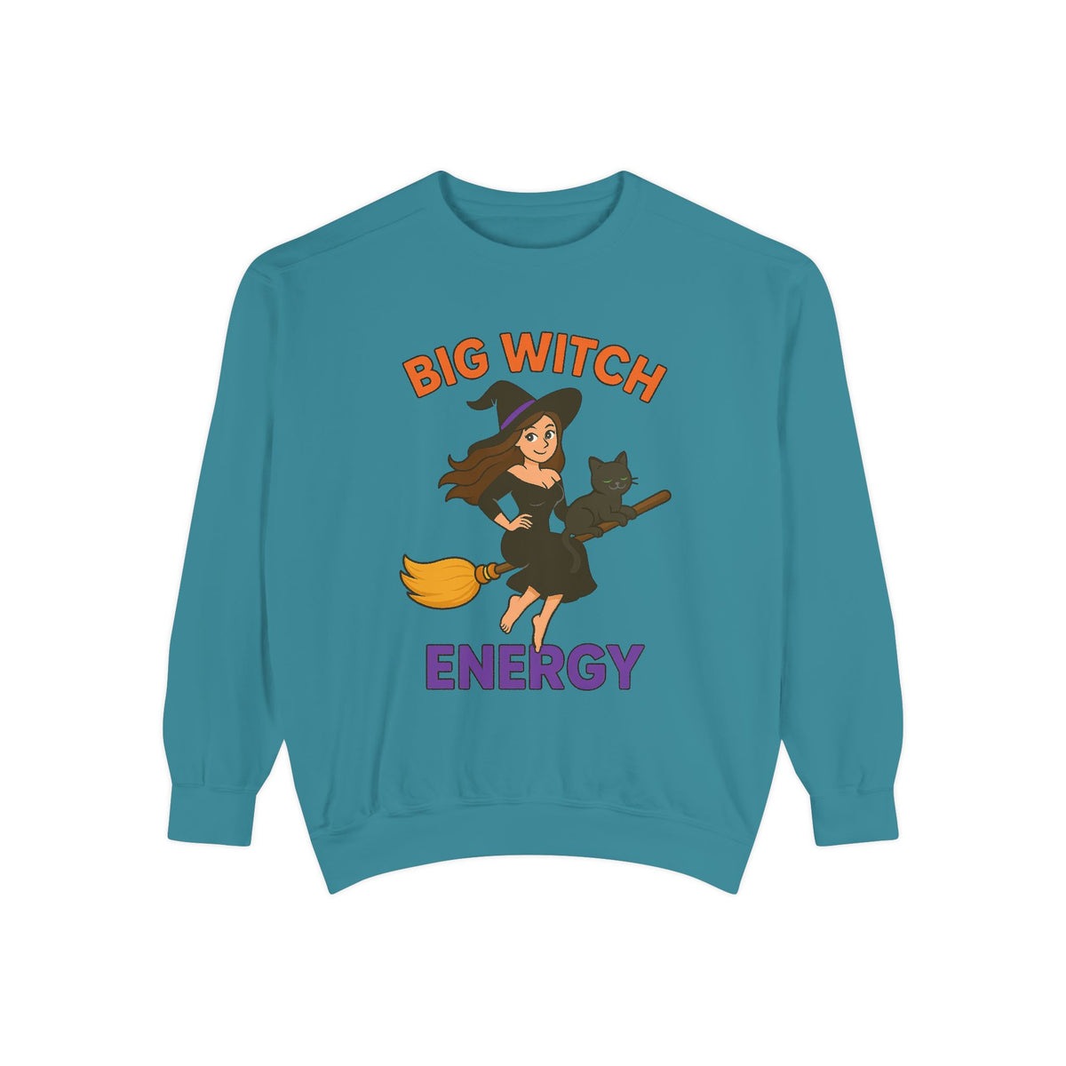Big Witch Energy Sweatshirt – Cat on a Broomstick | Comfort Colors Unisex Pullover - Enchanted Sky