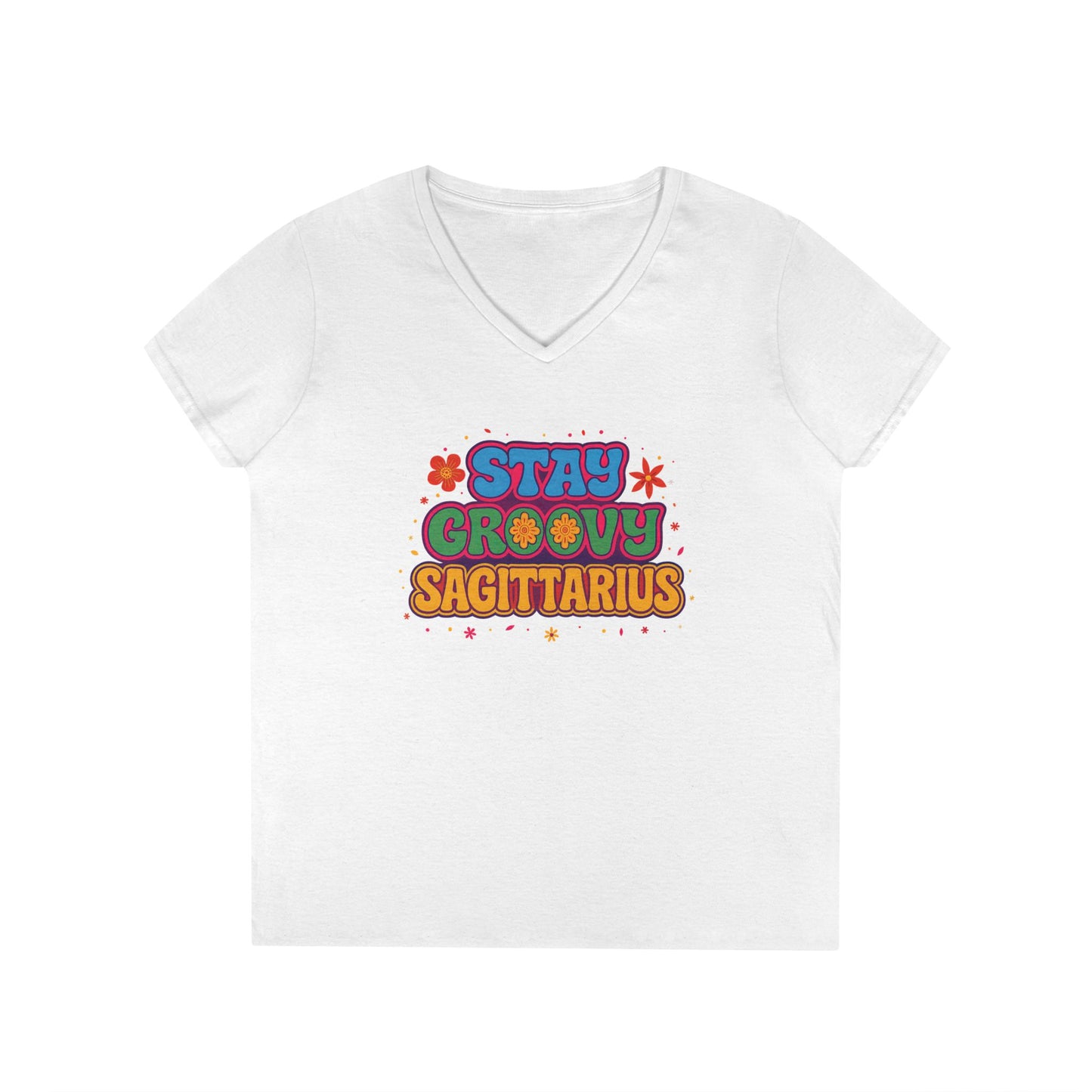 Stay Groovy Sagittarius Women’s V-Neck Tee – Empowering Retro Zodiac Shirt