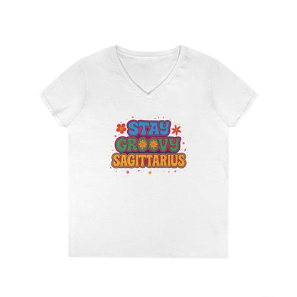 Stay Groovy Sagittarius Women’s V-Neck Tee – Empowering Retro Zodiac Shirt