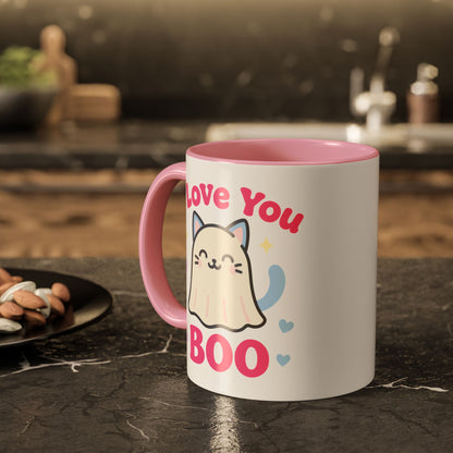 Cute Cat Ghost Mug – Adorable Kitty “I Love You Boo” Mug (Pink Accent (11oz & 15oz)