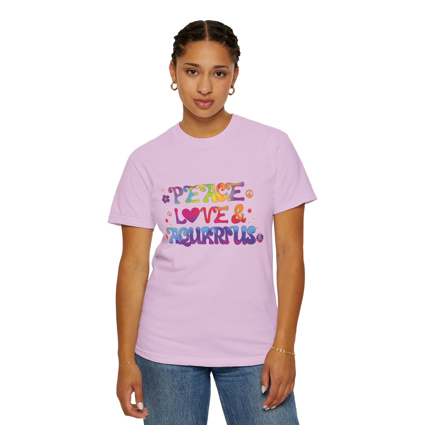 Peace Love & Aquarius Tee – Groovy Multicolor Zodiac Shirt