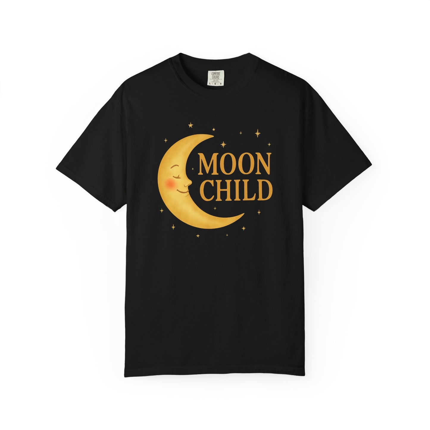 Moon Child Crescent Tee – Vibrant Golden Celestial Comfort Colors 1717 Shirt