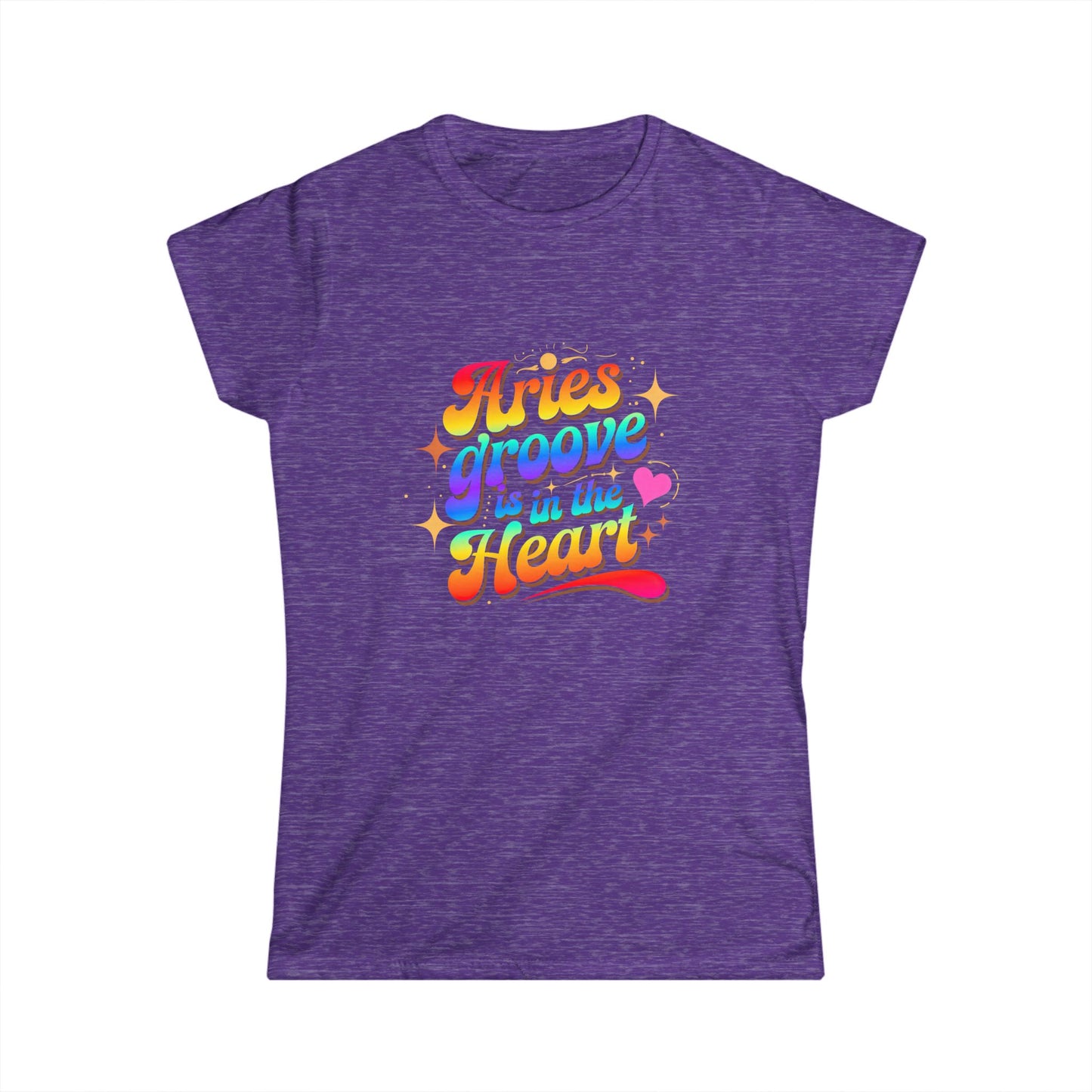 Aries Groove Is in the Heart T-Shirt | Rainbow Aries Vibes Tee | Zodiac Astrology Shirt for Her | Cosmic Birthday Gift | Women's Softstyle Star Sign Tee