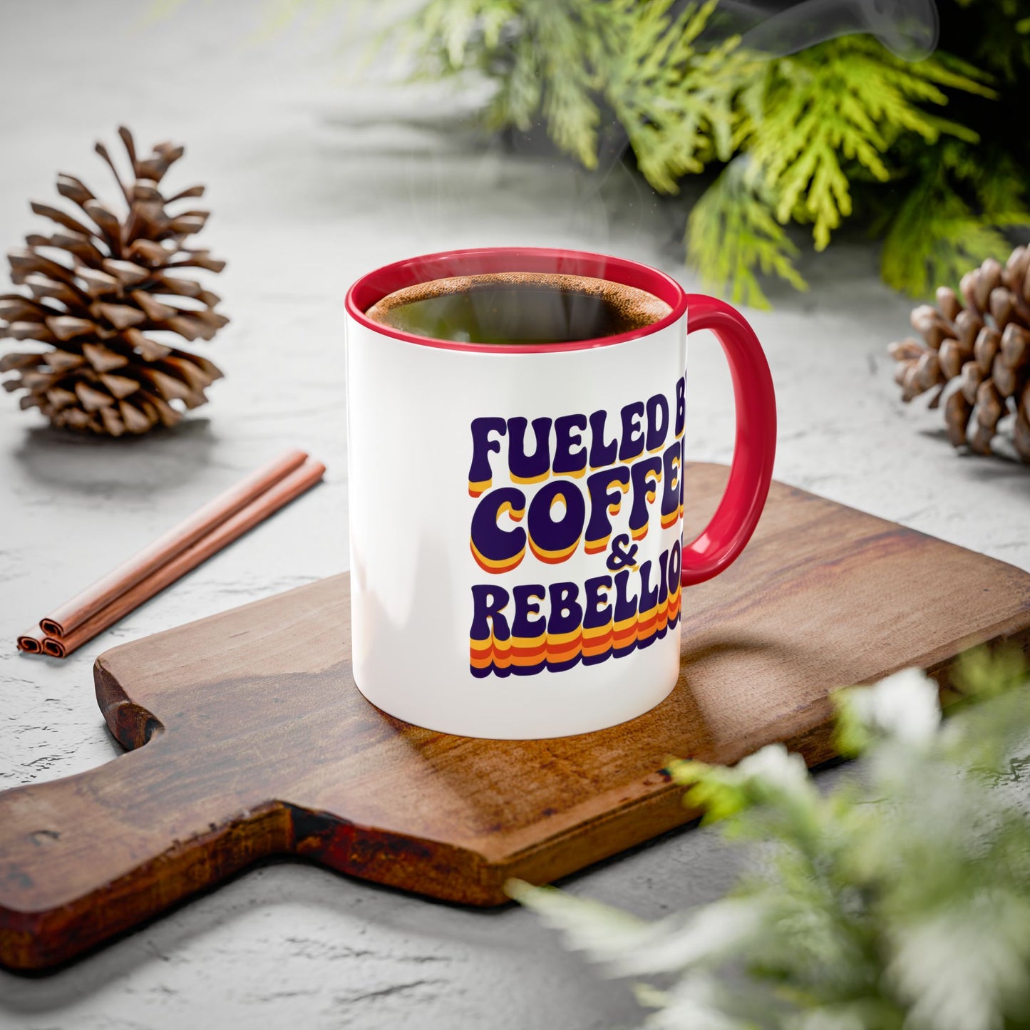 Fueled by Coffee & Rebellion – Funny Retro Mug (Color Accent, 11oz & 15oz)