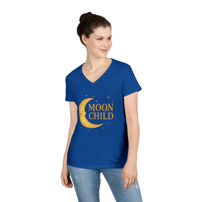 Moon Child Women’s V-Neck Tee – Empowering Celestial Lunar Zodiac Shirt