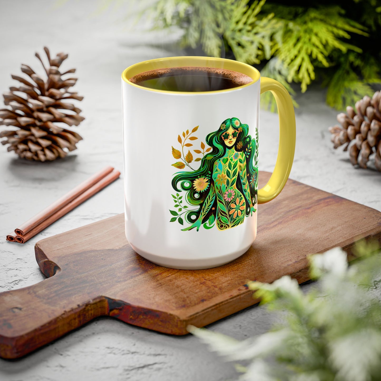 I’m Super Natural – Groovy Earth Goddess Two-Sided Mug (Yellow or Green, 11oz & 15oz)