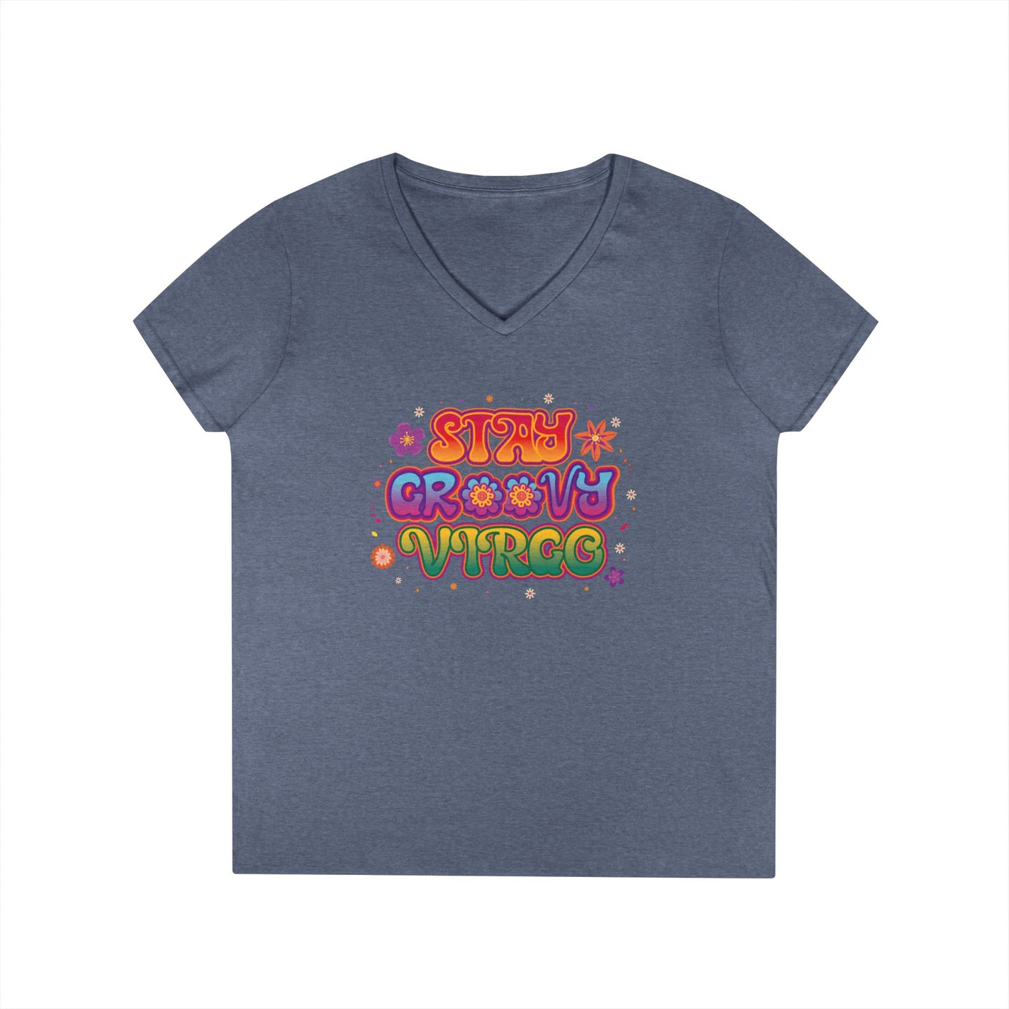 Stay Groovy Virgo Women’s V-Neck Tee – Empowering Retro Colorful Shirt