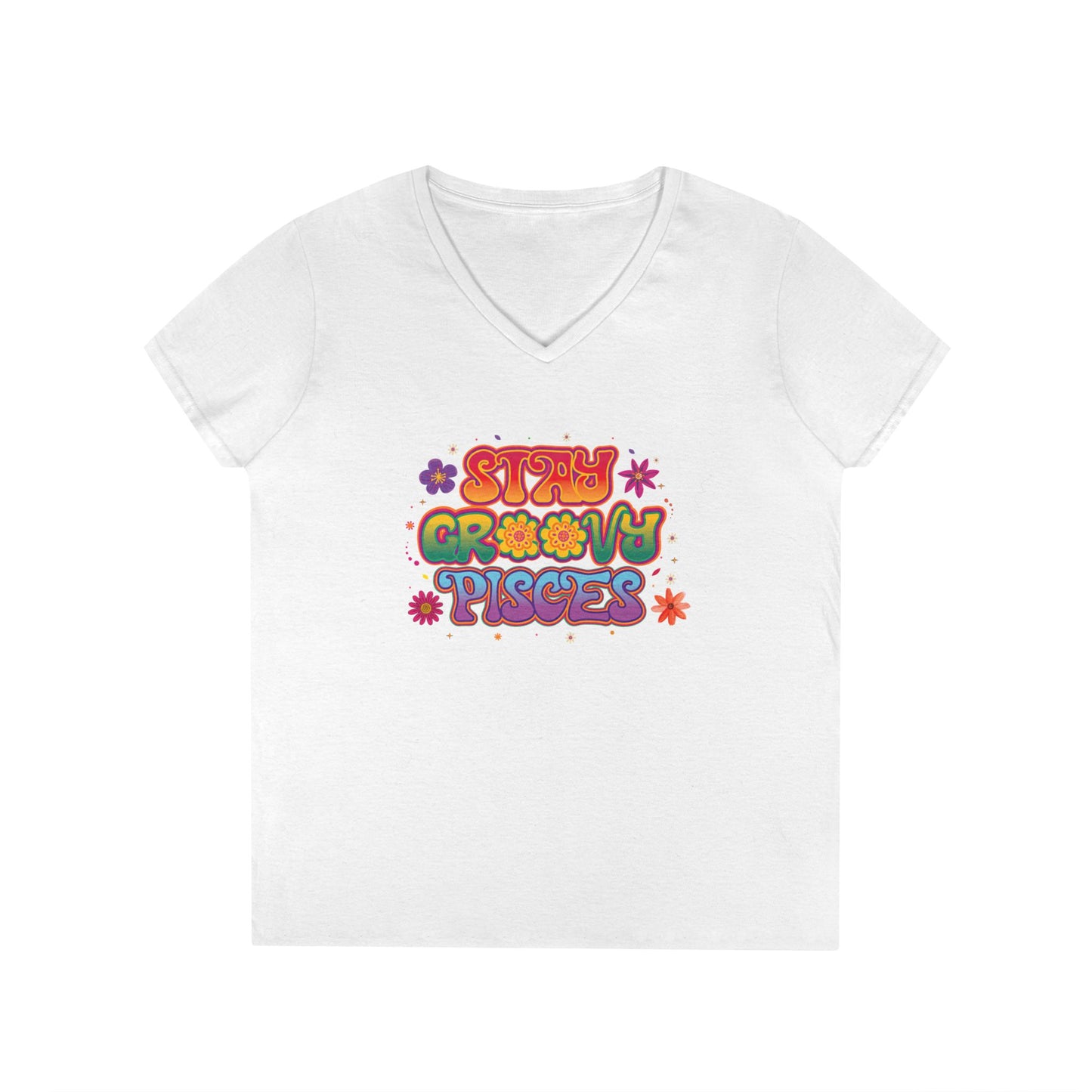 Stay Groovy Pisces Women’s V-Neck Tee – Empowering Retro Zodiac Shirt