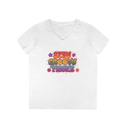 Stay Groovy Pisces Women’s V-Neck Tee – Empowering Retro Zodiac Shirt
