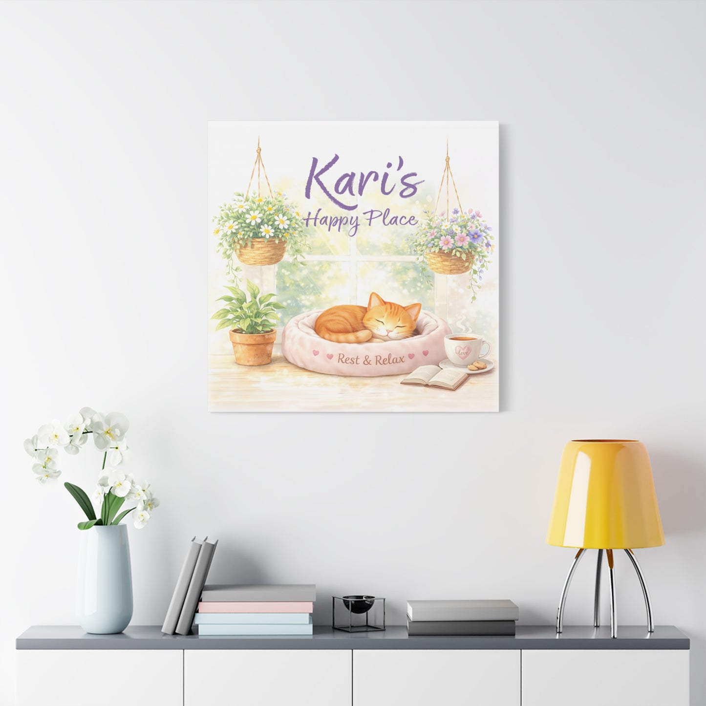 Personalized Cat Canvas Print - "Kari's Happy Place" Cozy Pet Wall Art