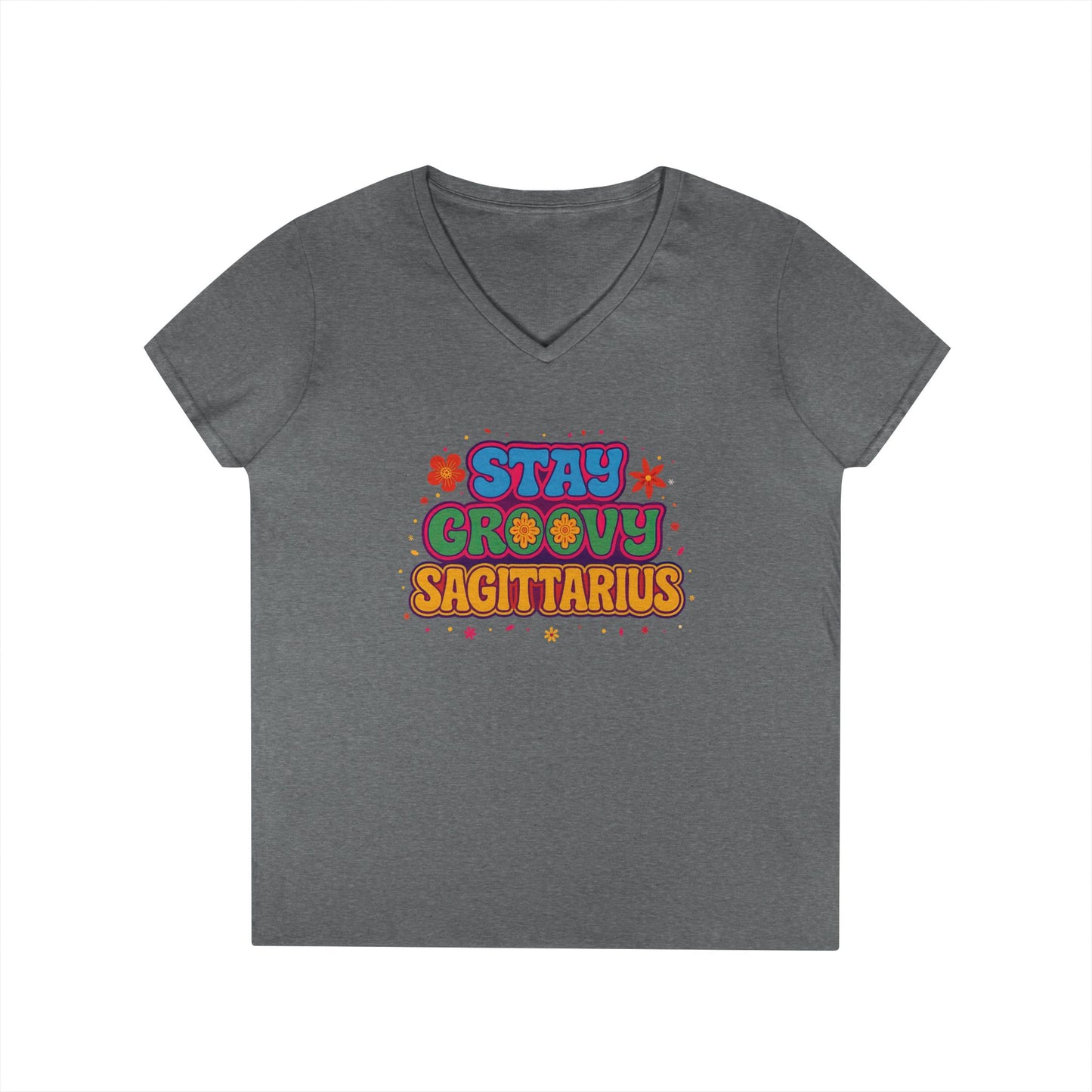 Stay Groovy Sagittarius Women’s V-Neck Tee – Empowering Retro Zodiac Shirt