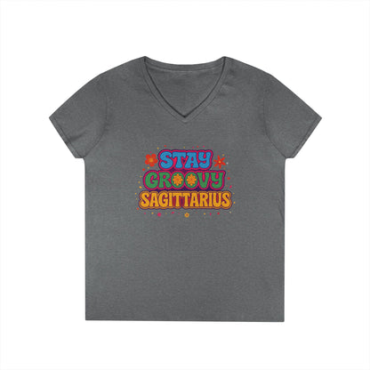 Stay Groovy Sagittarius Women’s V-Neck Tee – Empowering Retro Zodiac Shirt