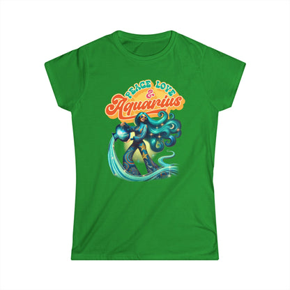 Peace Love Aquarius Women’s Softstyle Tee – Empowering Retro Zodiac Shirt