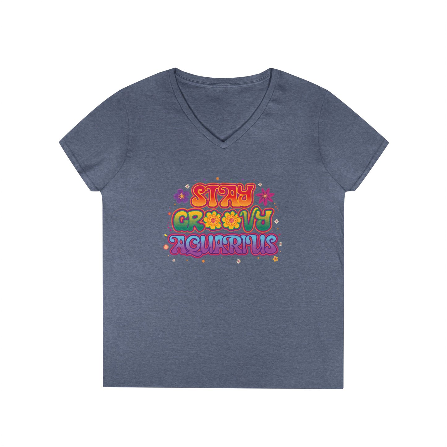 Stay Groovy Aquarius Women’s V-Neck Tee – Empowering Retro Zodiac Shirt