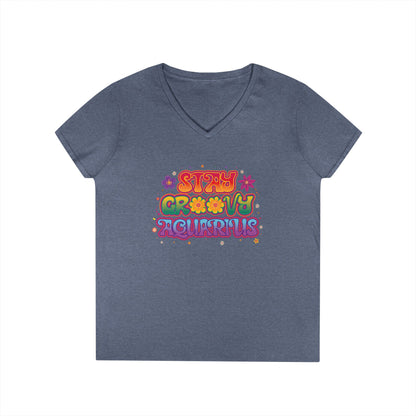 Stay Groovy Aquarius Women’s V-Neck Tee – Empowering Retro Zodiac Shirt