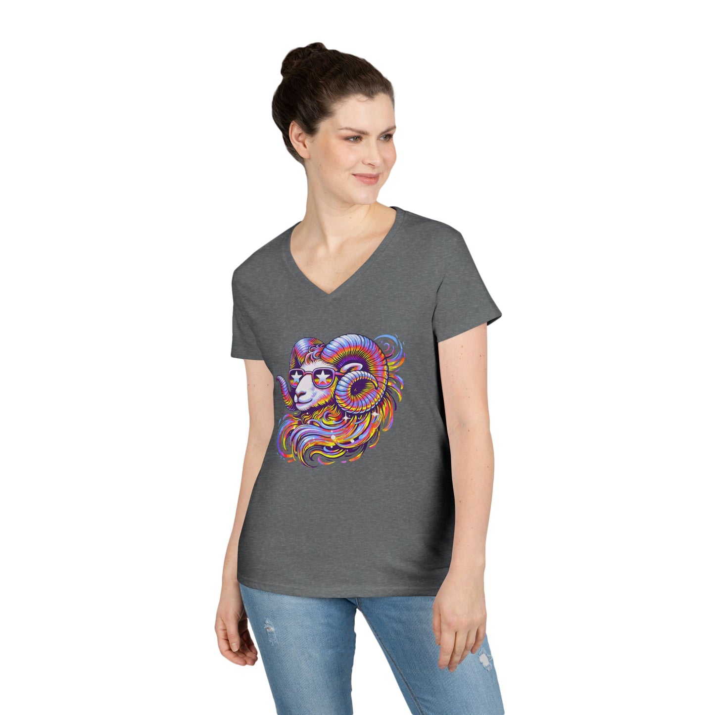 Psychedelic Ram Women’s V-Neck Tee – Empowering Aries Zodiac Shirt