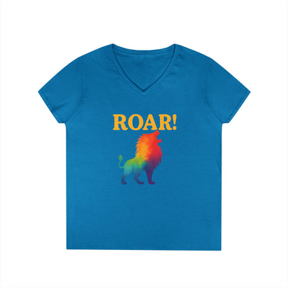 Roar Lion Women’s V-Neck Tee – Empowering Rainbow Zodiac Leo Shirt