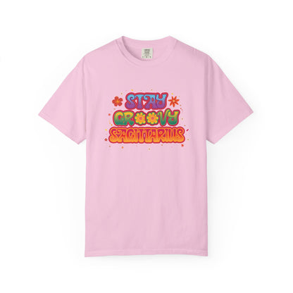 Stay Groovy Sagittarius – Retro Zodiac Flower Power Tee