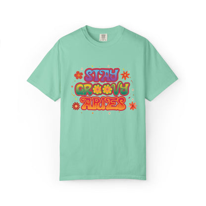 Stay Groovy Aries Tee – Colorful Retro Zodiac Shirt, 70s Flower Power Style