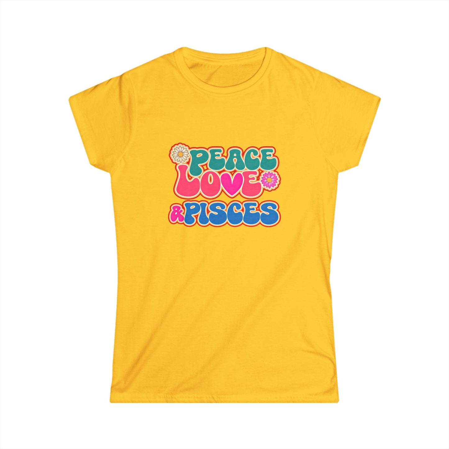 Peace Love & Pisces Softstyle Tee for Women | Boho Zodiac Graphic Shirt | Astrology Apparel for Pisces | Relaxed Star Sign Tee | Everyday Gift for Water Sign Lovers