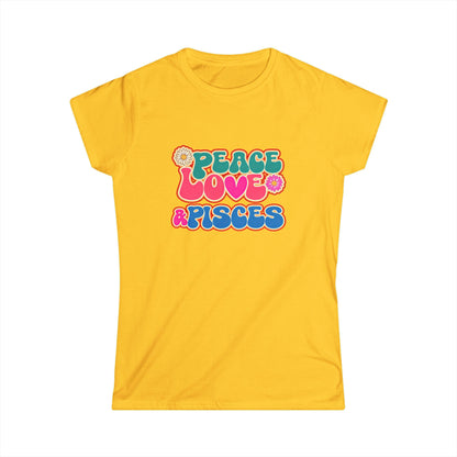 Peace Love & Pisces Softstyle Tee for Women | Boho Zodiac Graphic Shirt | Astrology Apparel for Pisces | Relaxed Star Sign Tee | Everyday Gift for Water Sign Lovers
