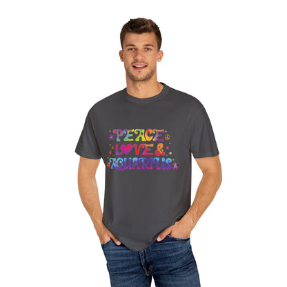 Peace Love & Aquarius Tee – Groovy Multicolor Zodiac Shirt