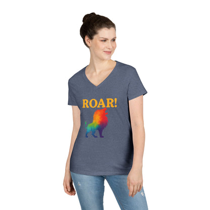 Roar Lion Women’s V-Neck Tee – Empowering Rainbow Zodiac Leo Shirt