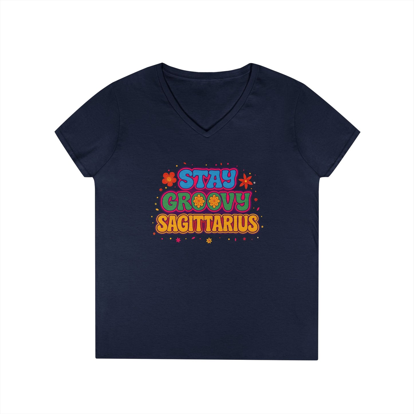Stay Groovy Sagittarius Women’s V-Neck Tee – Empowering Retro Zodiac Shirt