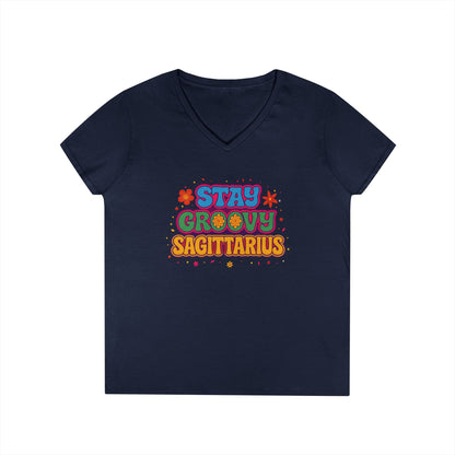 Stay Groovy Sagittarius Women’s V-Neck Tee – Empowering Retro Zodiac Shirt