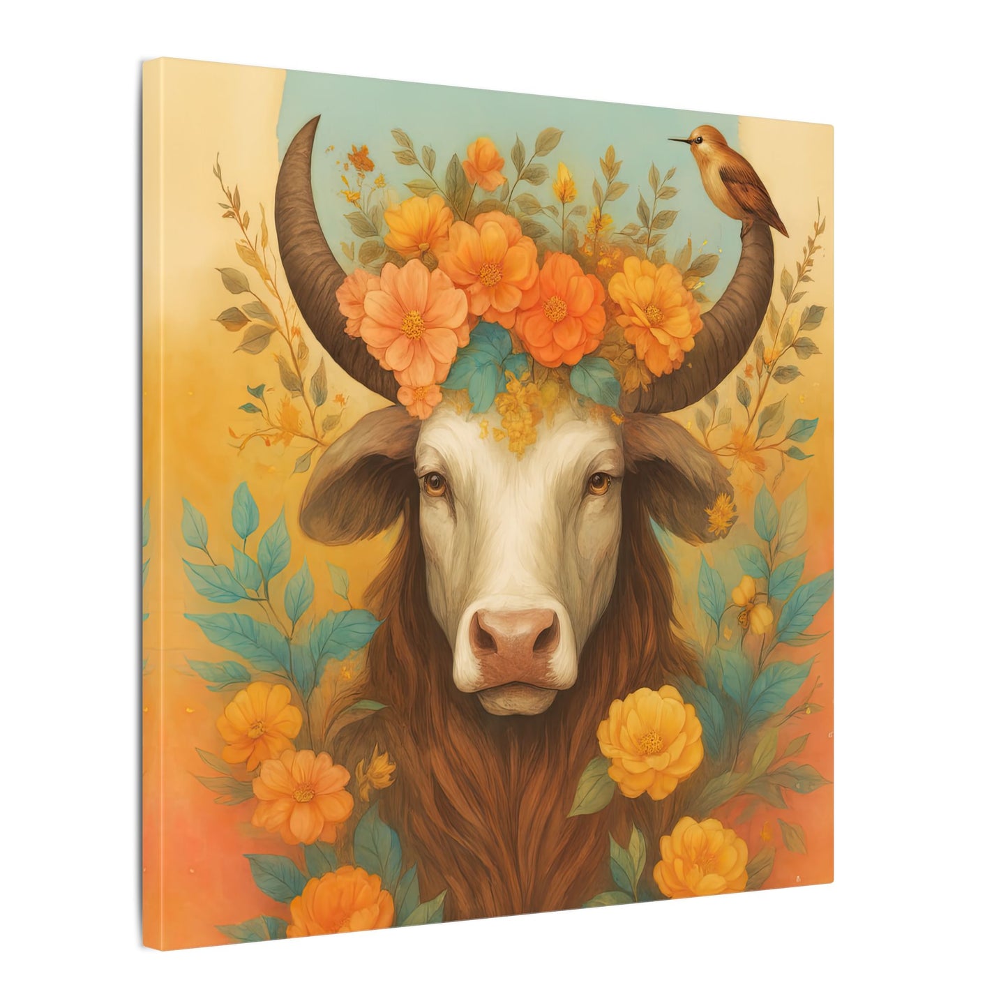 Bull with Bird – Floral Serenity Wall Art (Taurus Inspired), Square