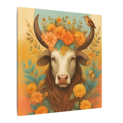 Bull with Bird – Floral Serenity Wall Art (Taurus Inspired), Square