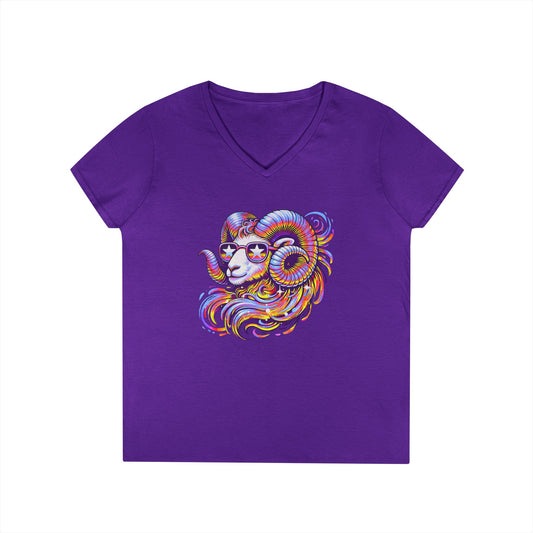 Psychedelic Ram Women’s V-Neck Tee – Empowering Aries Zodiac Shirt