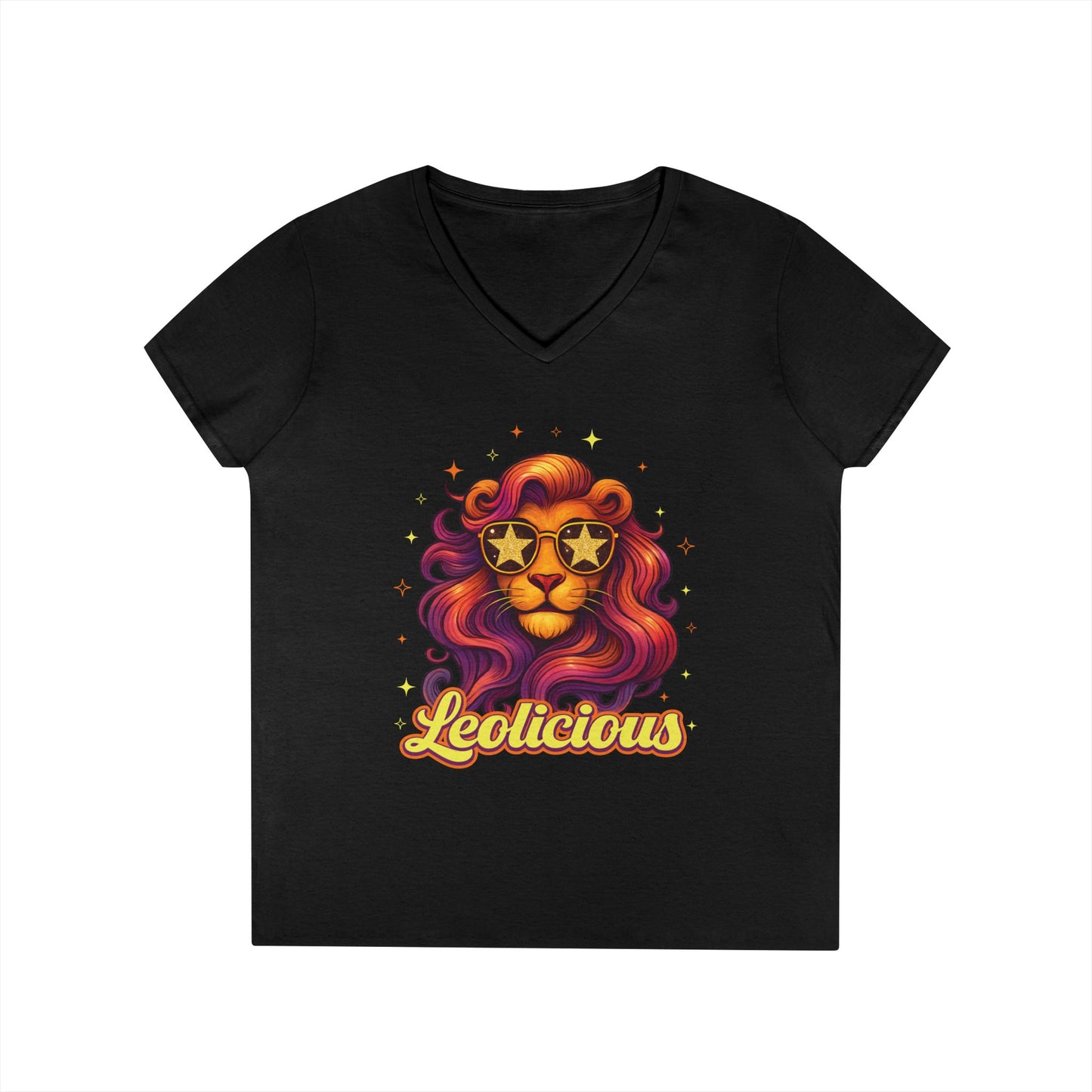Leolicious Women’s V-Neck Tee – Empowering Retro Lion Zodiac Shirt