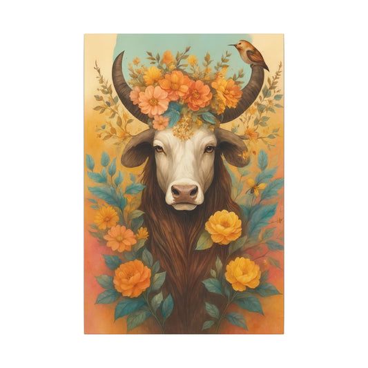 Bull with Bird – Floral Serenity Wall Art (Taurus Inspired)