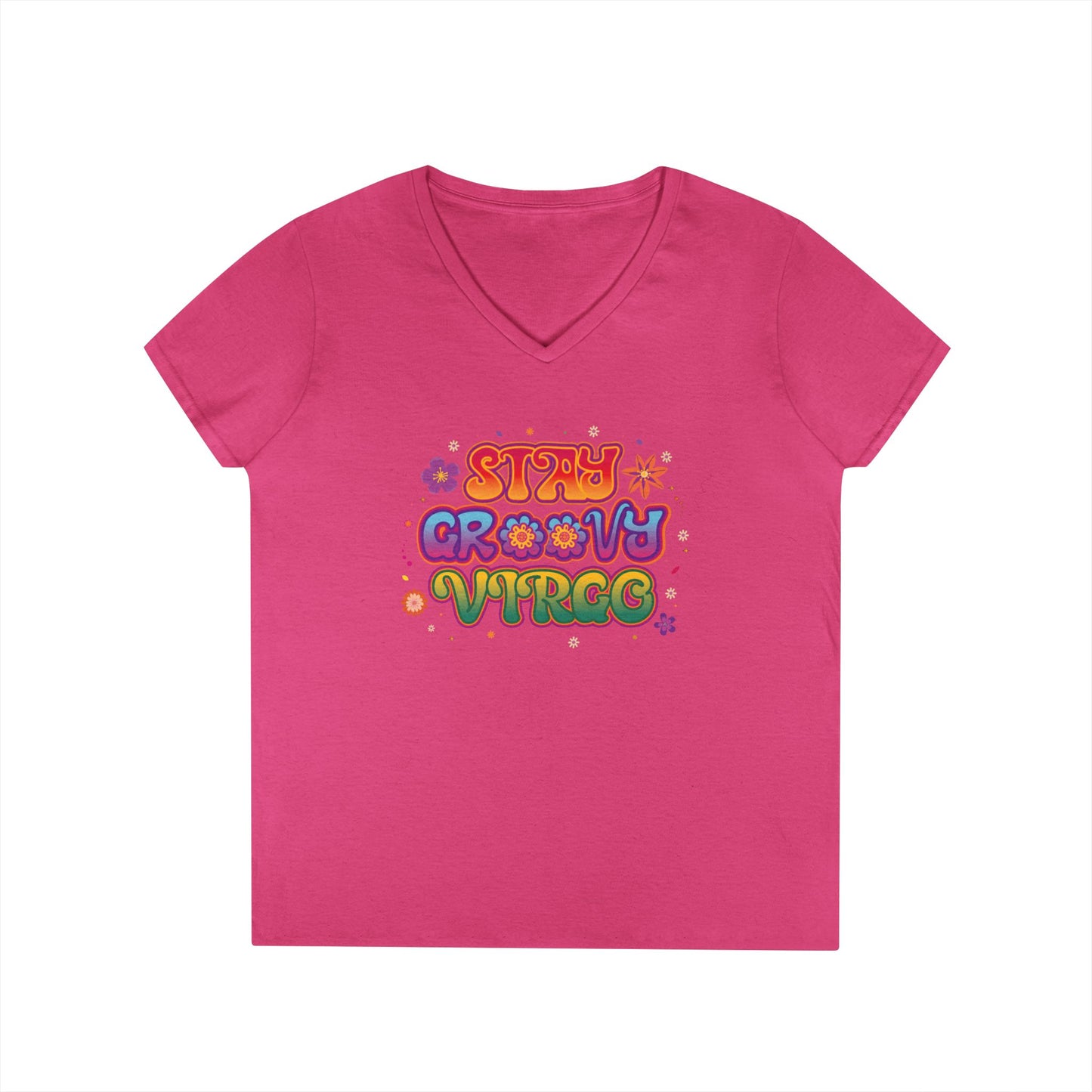 Stay Groovy Virgo Women’s V-Neck Tee – Empowering Retro Colorful Shirt