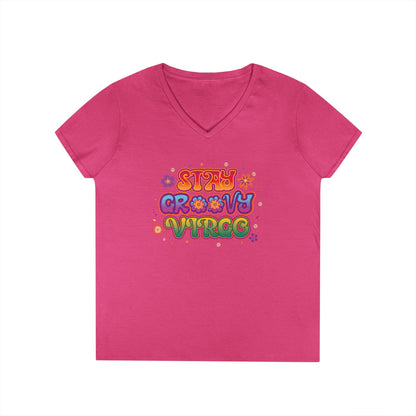 Stay Groovy Virgo Women’s V-Neck Tee – Empowering Retro Colorful Shirt