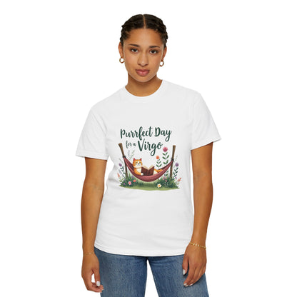 Purrfect Day for a Virgo – Cozy Cat & Hammock Zodiac Tee