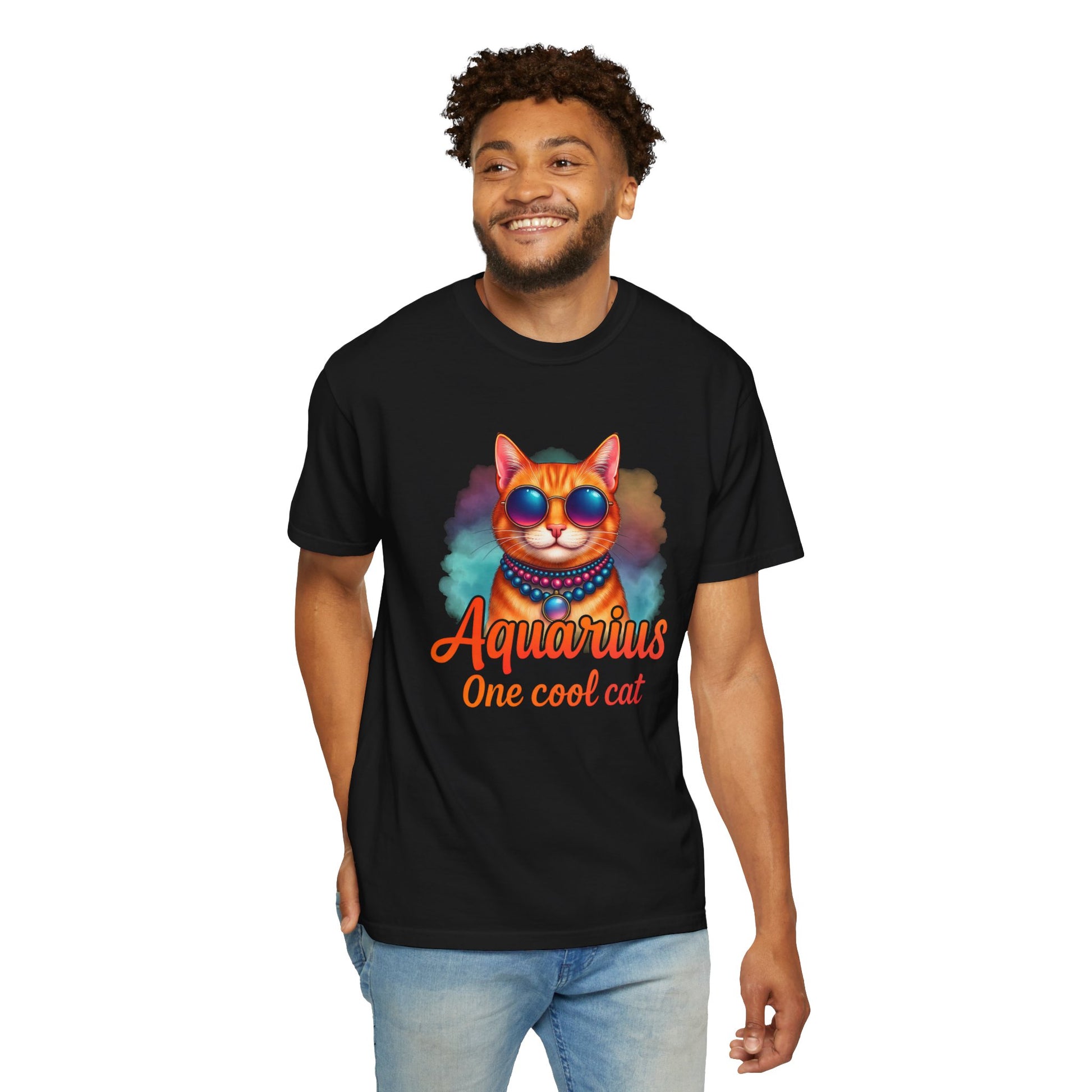 Aquarius One Cool Cat – Funky Retro Zodiac Tee - Enchanted Sky