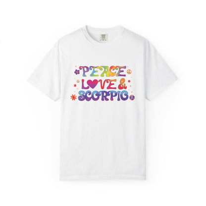 Peace Love & Scorpio Tee – Colorful Retro Zodiac Shirt