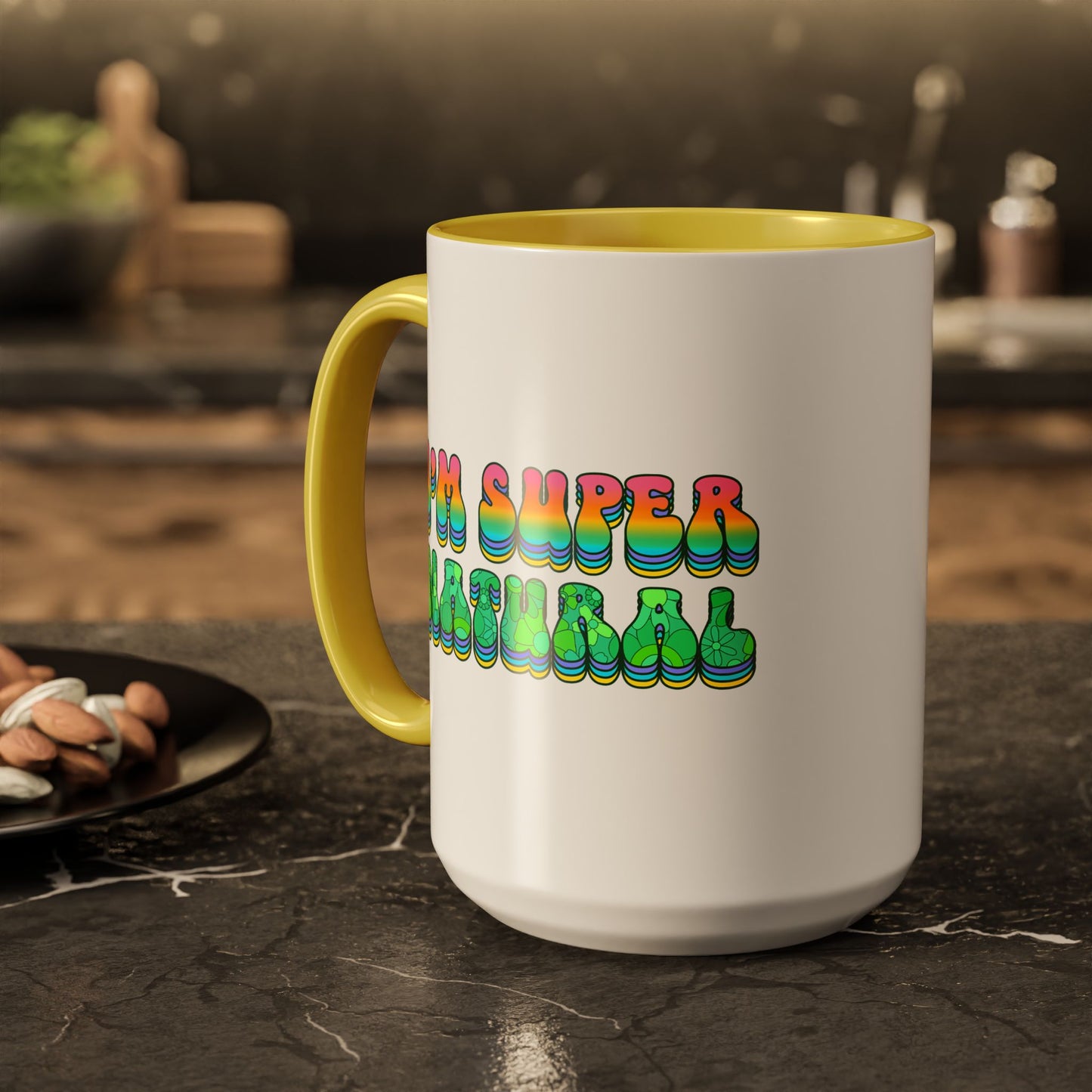 I’m Super Natural – Groovy Earth Goddess Two-Sided Mug (Yellow or Green, 11oz & 15oz)