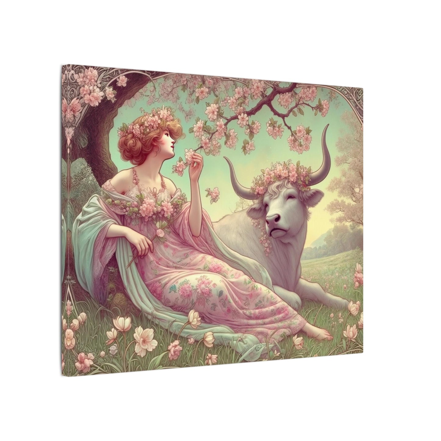 Secret Meadow: Bull and Bloom | Taurus Goddess Art Nouveau Zodiac Wall Art