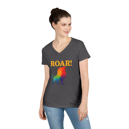 Roar Lion Women’s V-Neck Tee – Empowering Rainbow Zodiac Leo Shirt