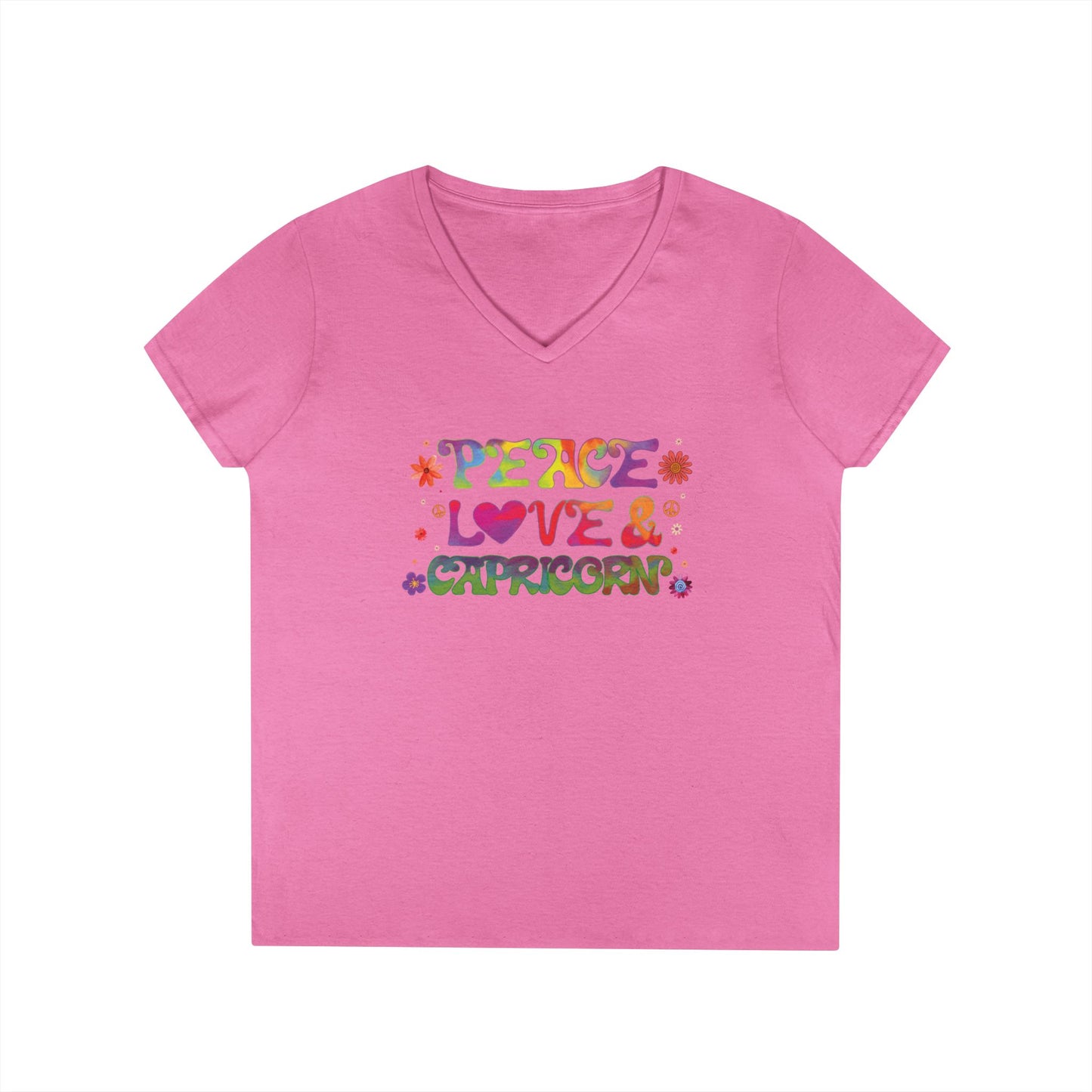 Peace Love Capricorn Women’s V-Neck Tee – Empowering Retro Zodiac Shirt