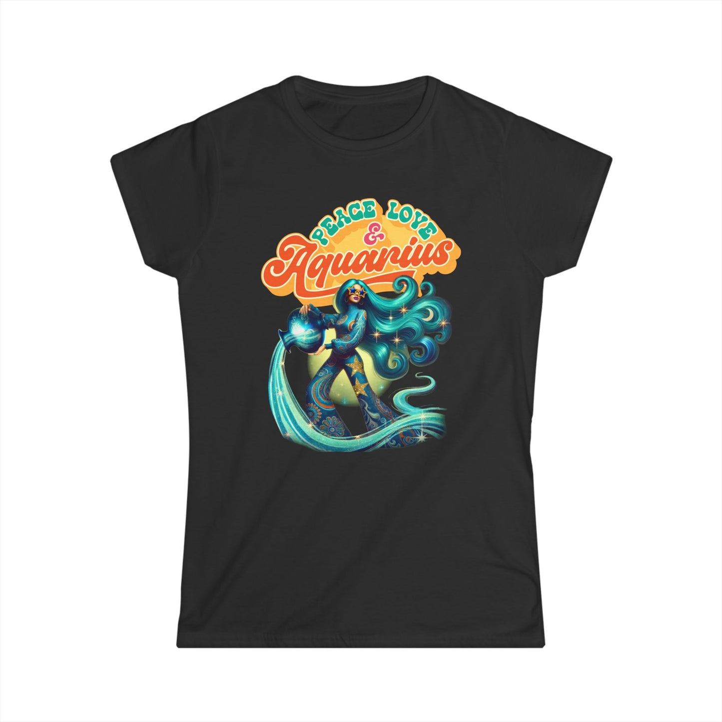 Peace Love Aquarius Women’s Softstyle Tee – Empowering Retro Zodiac Shirt