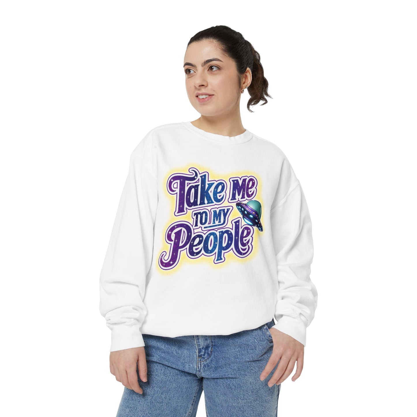 Take Me To My People  – Retro Funny UFO Alien Sweatshirt | Comfort Colors Unisex Pullover